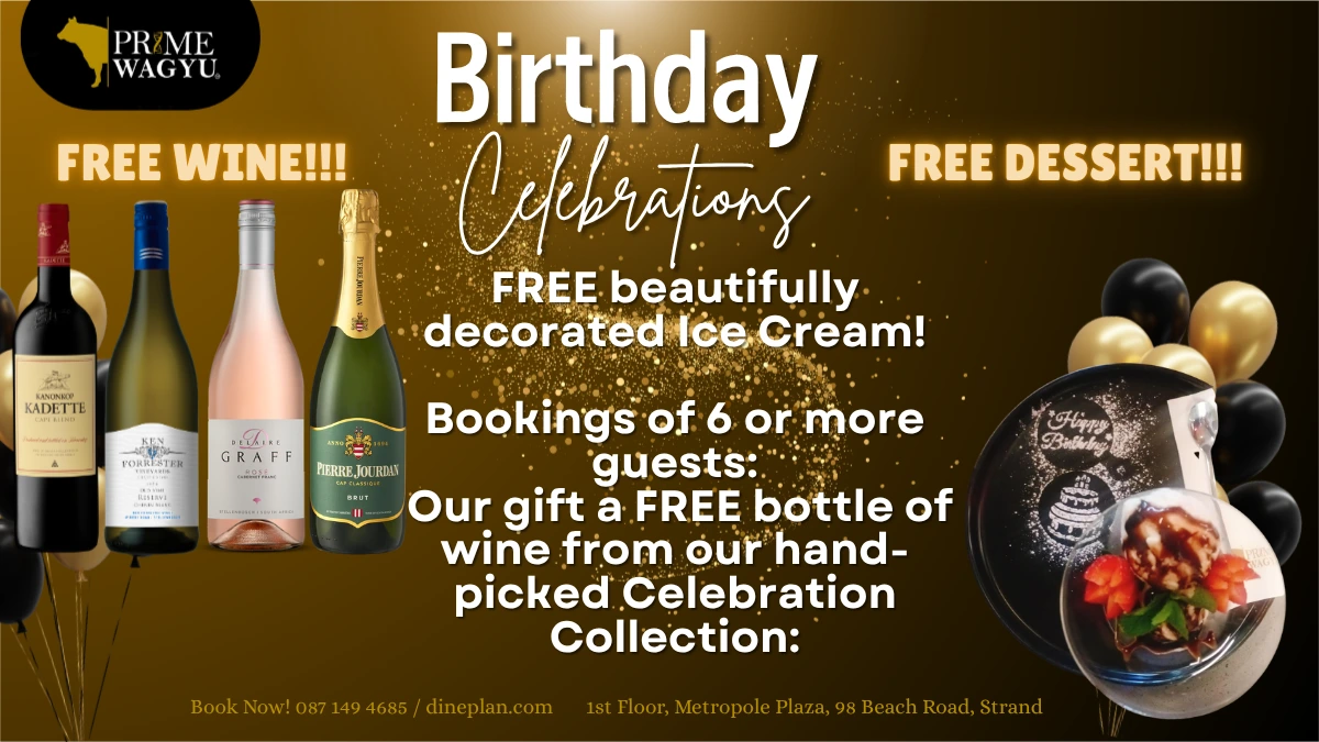 Prime Wagyu birthday special with the four Celebration Collection wines and our decorated birthday ice cream