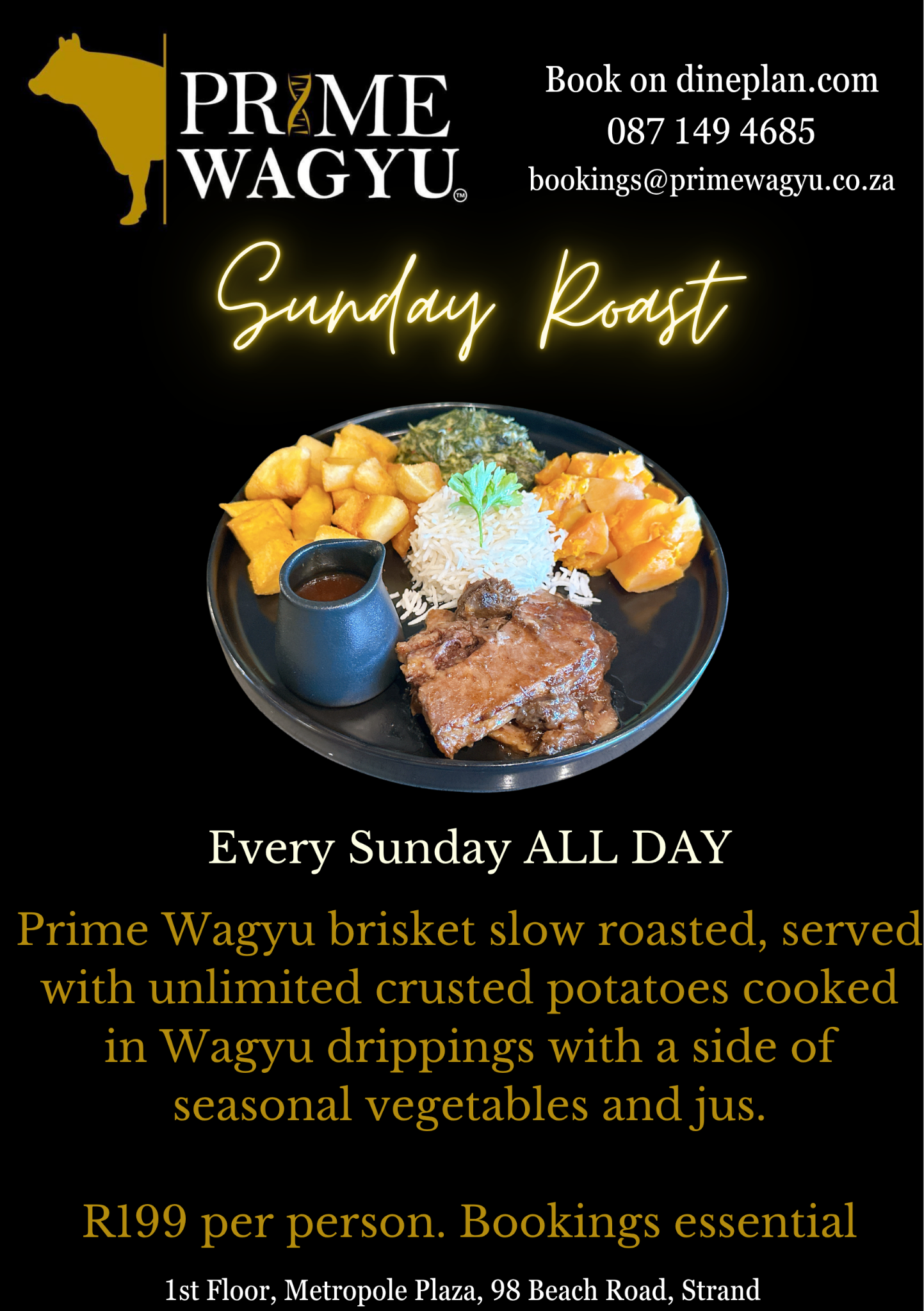 Prime Wagyu Sunday brisket roast with golden potatoes, rice, creamy spinach, butternut and a jug of gravy